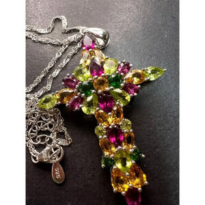 Multi-Gem Rhodium Over Sterling Silver Cross Pendant with Chain 10.01ctw